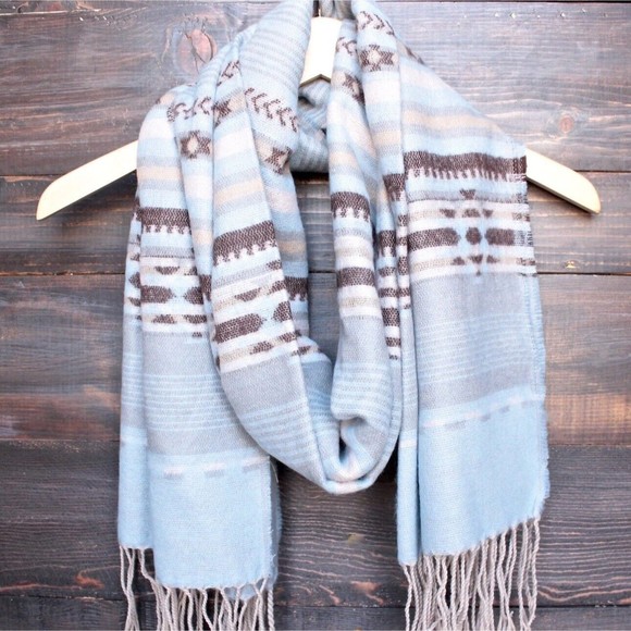 Powder Blue Southwestern Blanket Tassel Scarf 27x71” Big Cozy Scarf Stripes - Picture 1 of 14